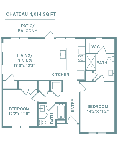 Floor plan for 2 beds, 2 baths, 1014 sqft